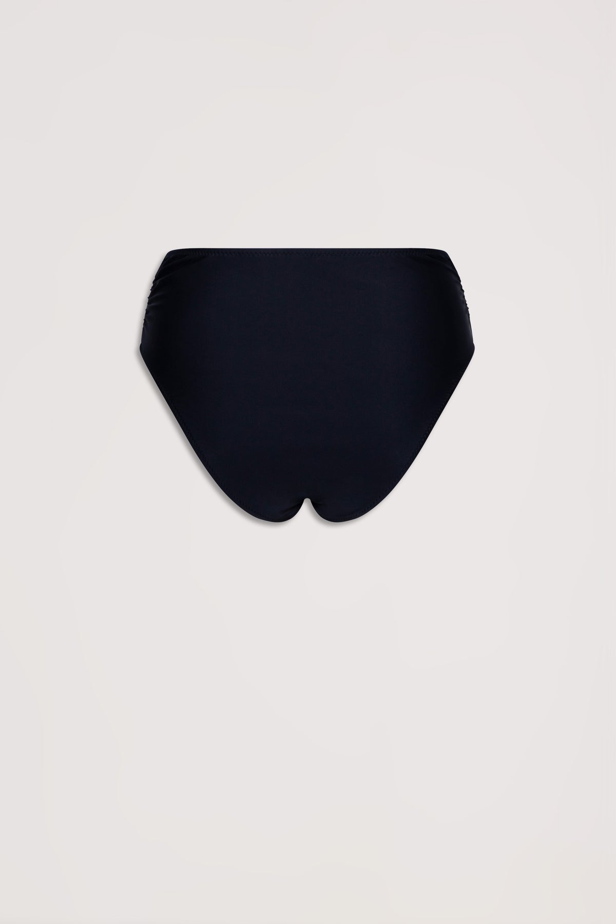 Black matte bikini bottom with subtle gathered sides, shown flat against a neutral background for a sleek look
