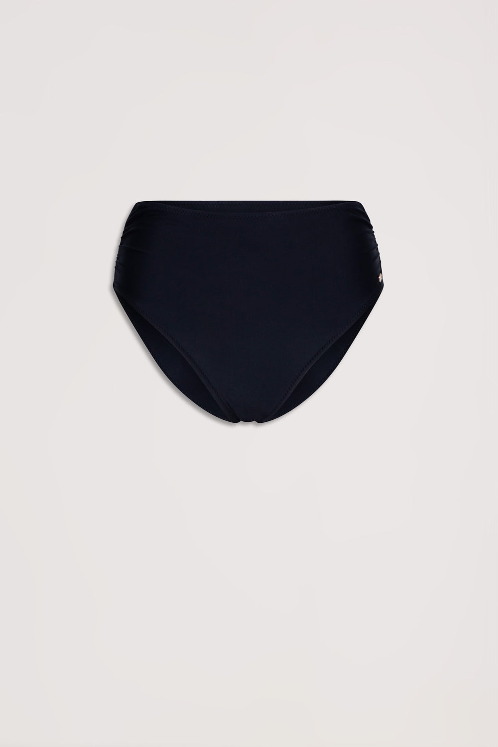 Black gathered high-waisted bikini bottoms with a matte finish, designed for a sleek and comfortable fit