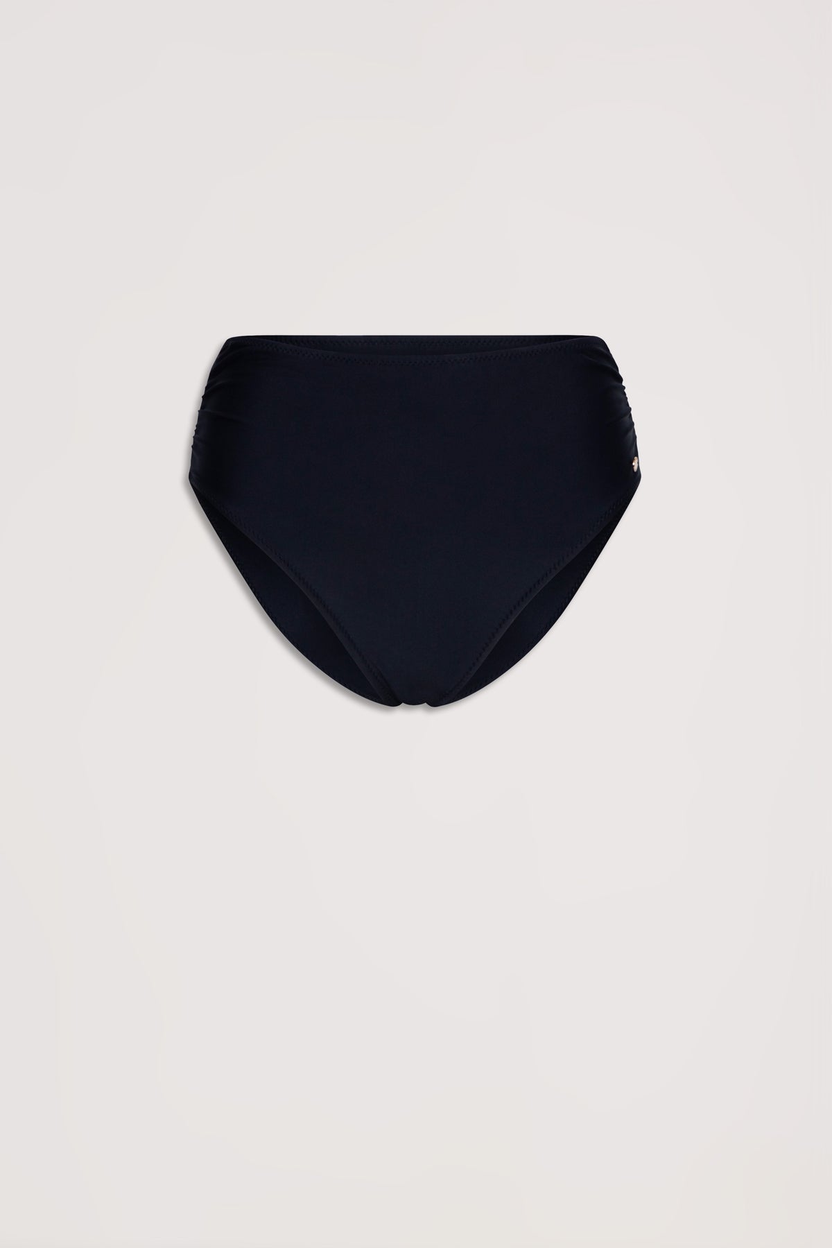 Black gathered high-waisted bikini bottoms with a matte finish, designed for a sleek and comfortable fit