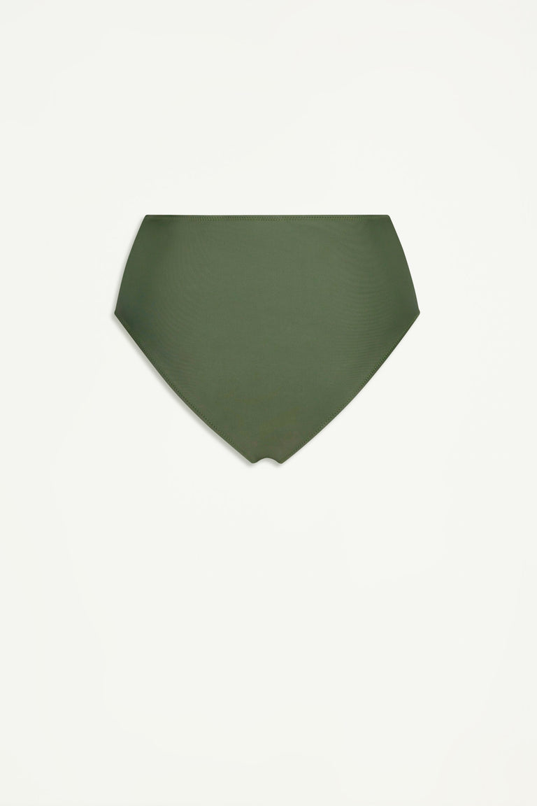 Matte forest green gathered bikini bottom with a high-rise fit, designed for stylish everyday swimwear.