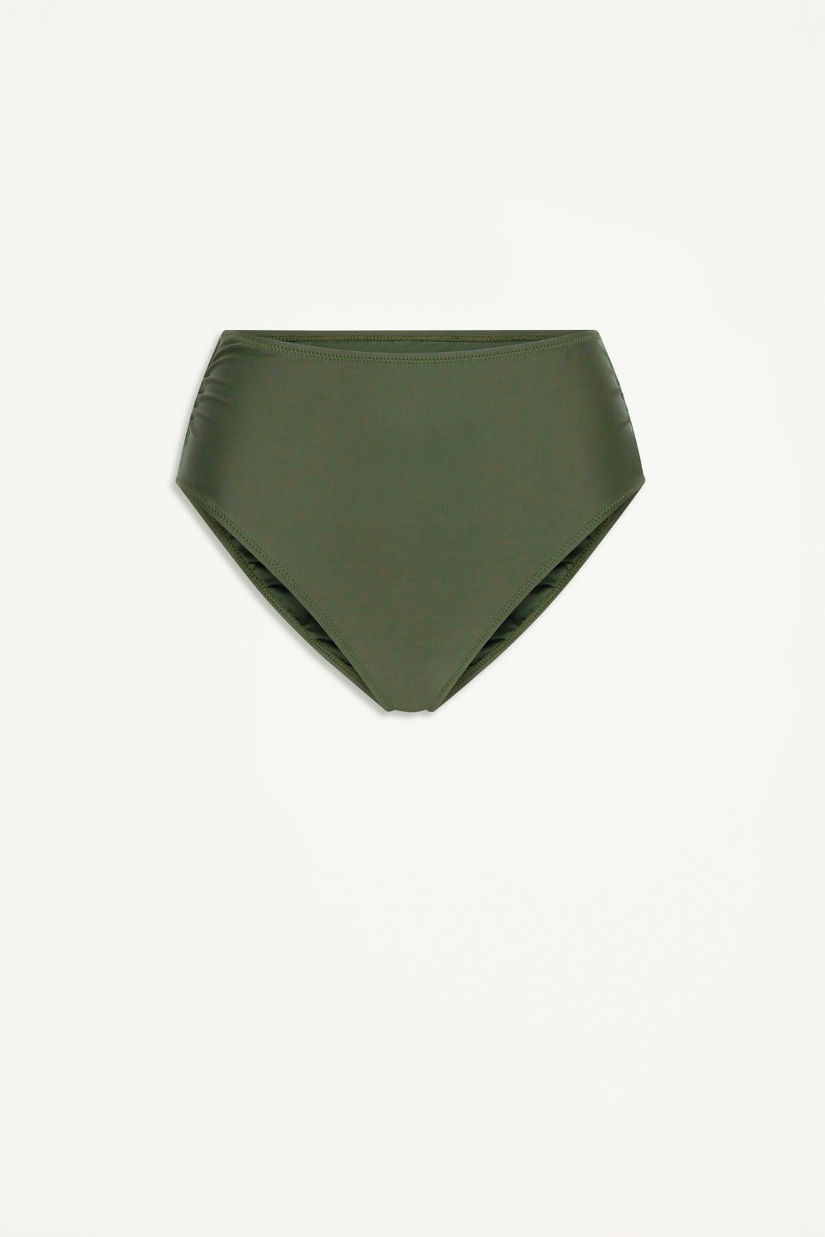 Olive green gathered bikini bottoms with a matte finish, featuring a high-rise, flattering fit for everyday ease.
