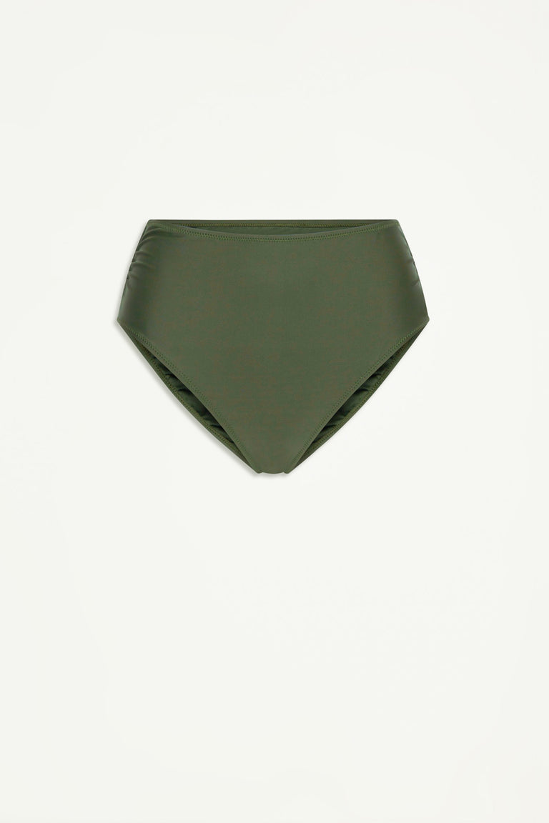 Olive green gathered bikini bottoms with a matte finish, featuring a high-rise, flattering fit for everyday ease.