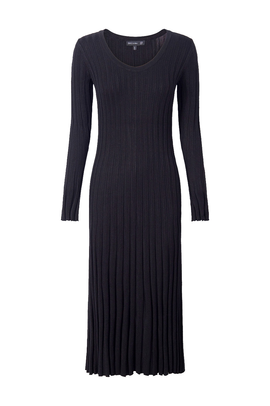 Long black ribbed knit dress with scoop neckline and long sleeves, elegant and versatile for everyday wear