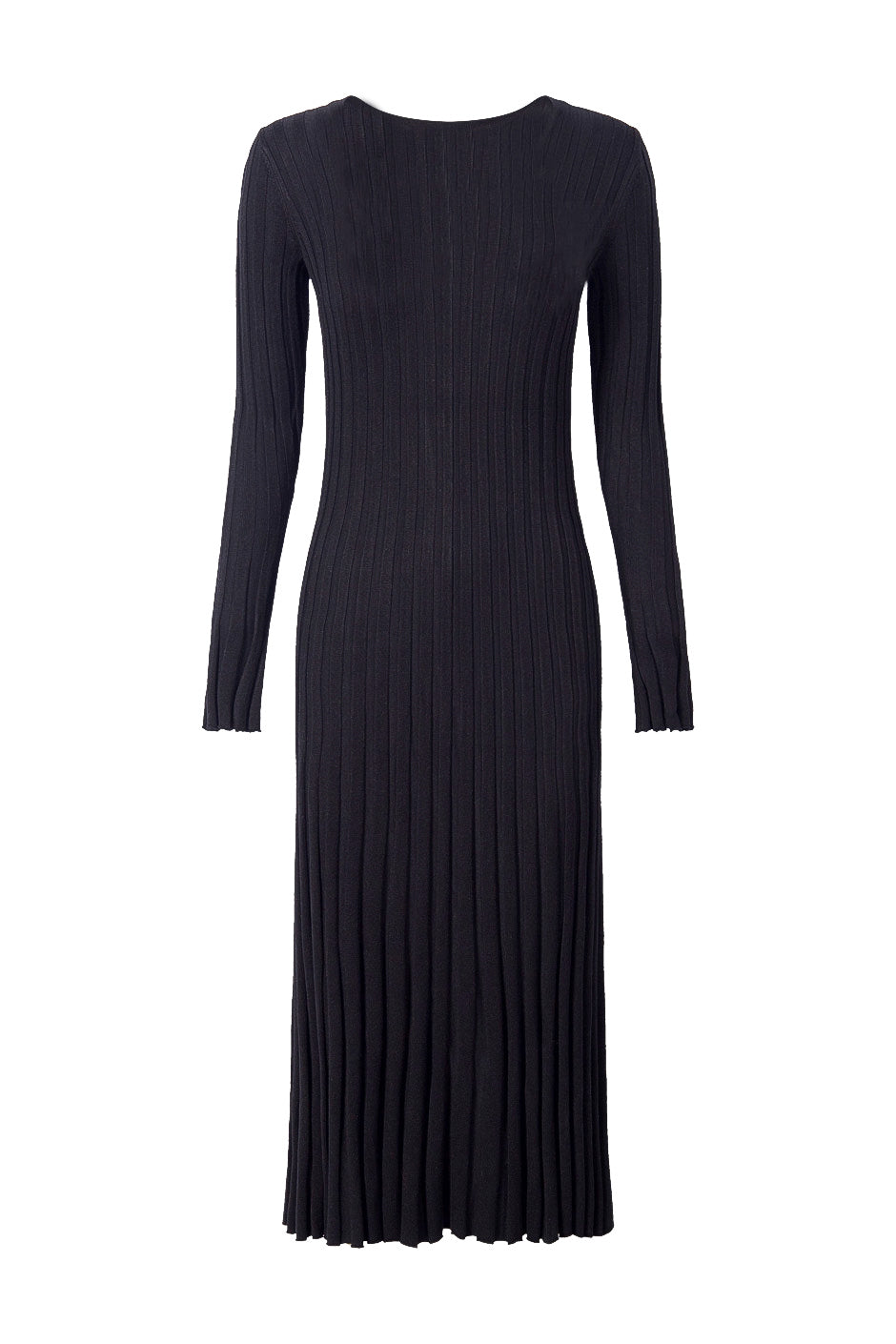 Black ribbed knit midi dress with long sleeves and a scoop neckline, elegant and versatile women's style.