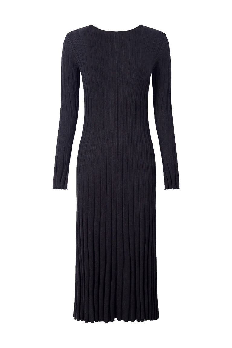 Black ribbed knit midi dress with long sleeves and a scoop neckline, elegant and versatile women's style.