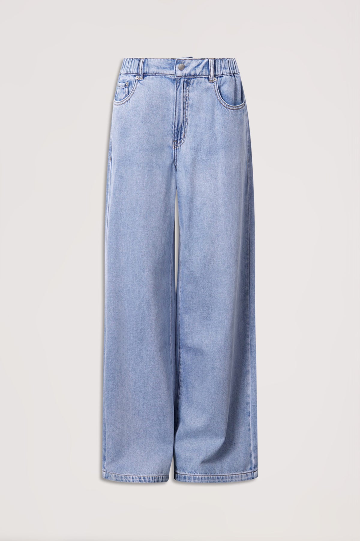 D-Luxe Wide Leg Jean in light denim with elasticated high-rise waist, full length, shown in gallery position 6 portrait view