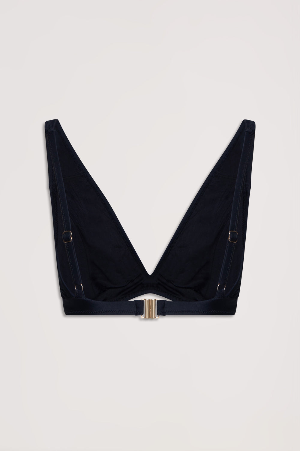 Back view of a matte black triangle bikini top with adjustable straps and a gold-tone clasp closure