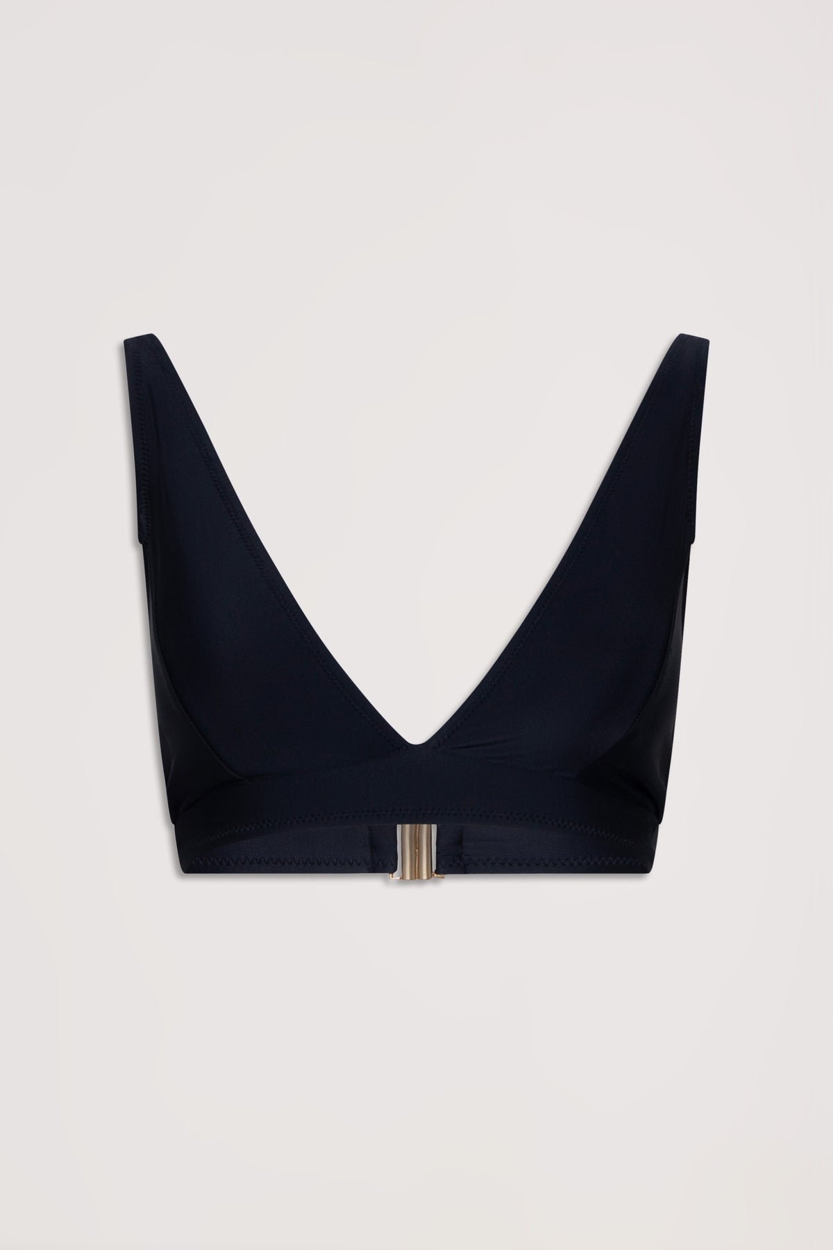 Black matte triangle bikini top with deep V neckline and metallic clasp closure at the back against a neutral background