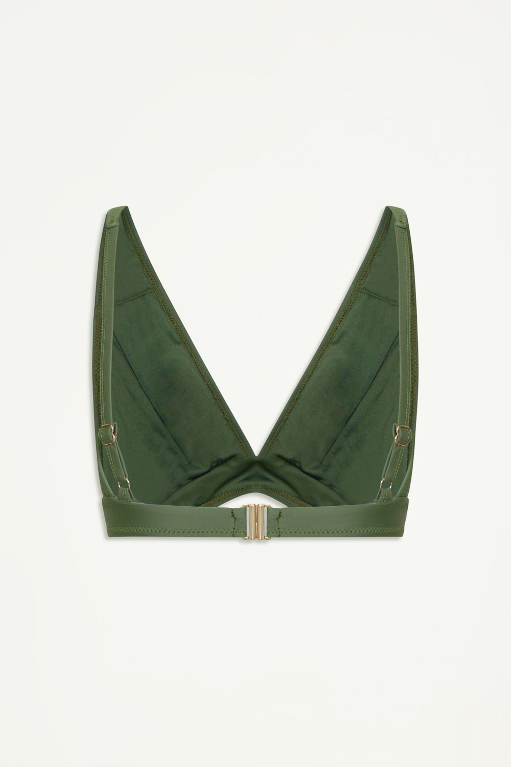 Forest green matte triangle bikini top with adjustable straps and gold-tone clasp at back, laid flat on white background