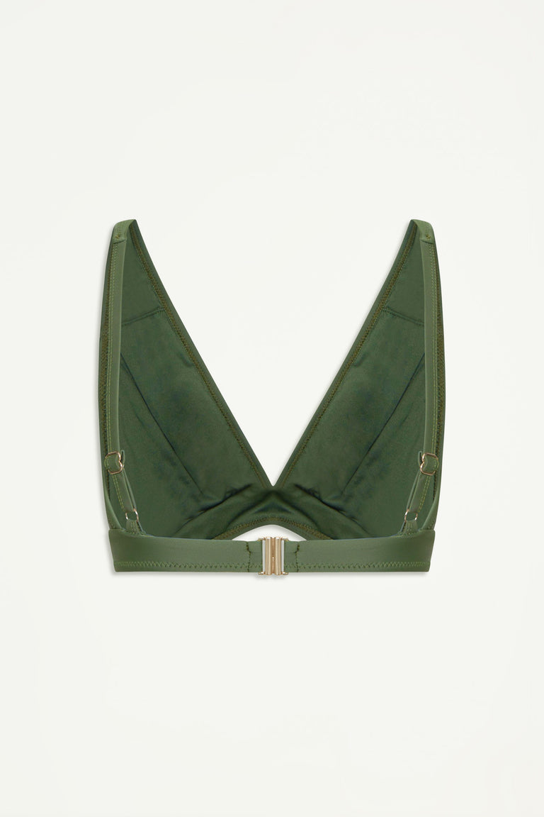 Forest green matte triangle bikini top with adjustable straps and gold-tone clasp at back, laid flat on white background