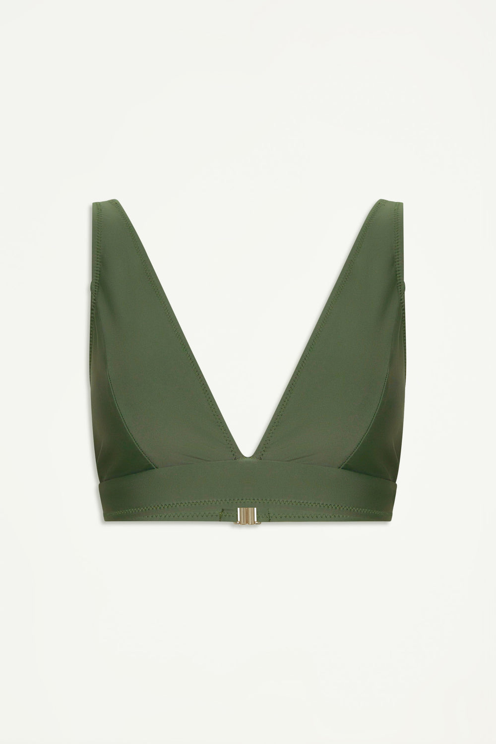 Matte forest green triangle bikini top with deep V neckline and back clasp closure, designed for effortless style.