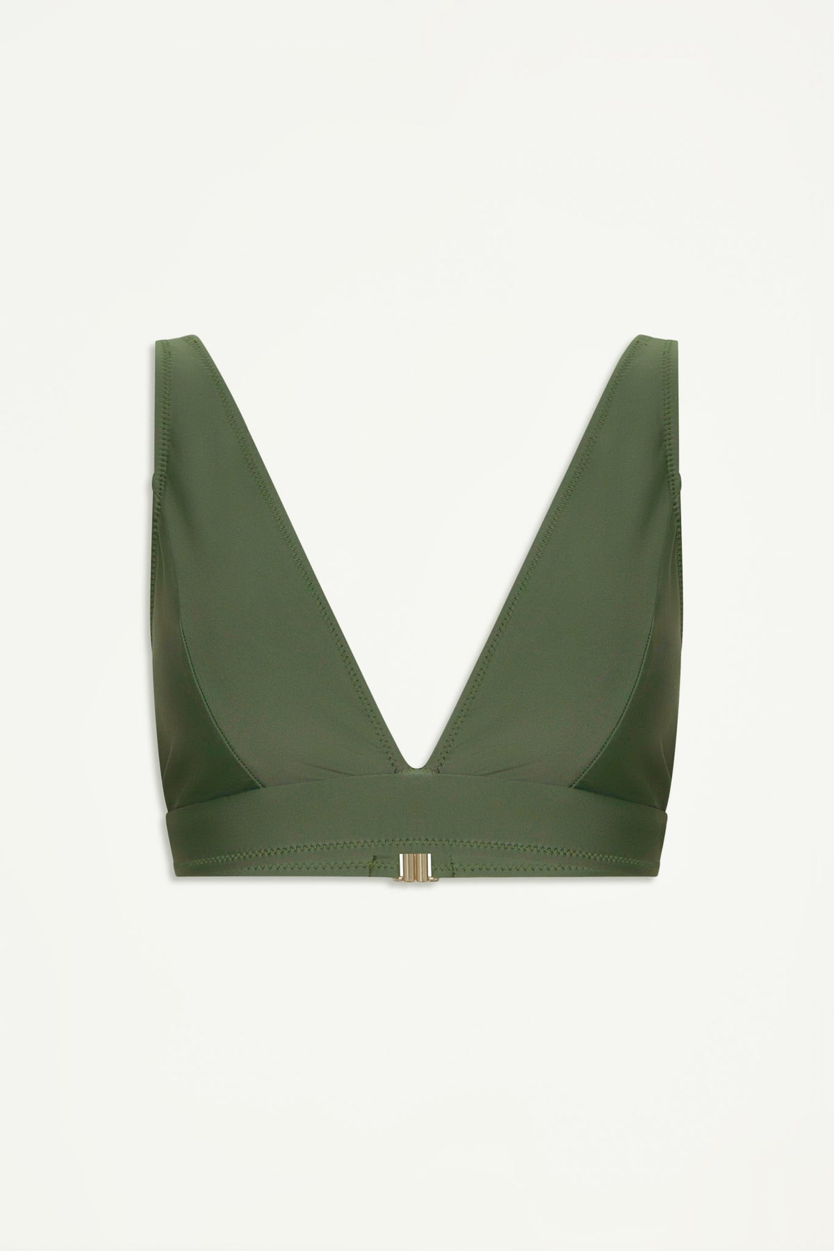 Matte forest green triangle bikini top with deep V neckline and back clasp closure, designed for effortless style.