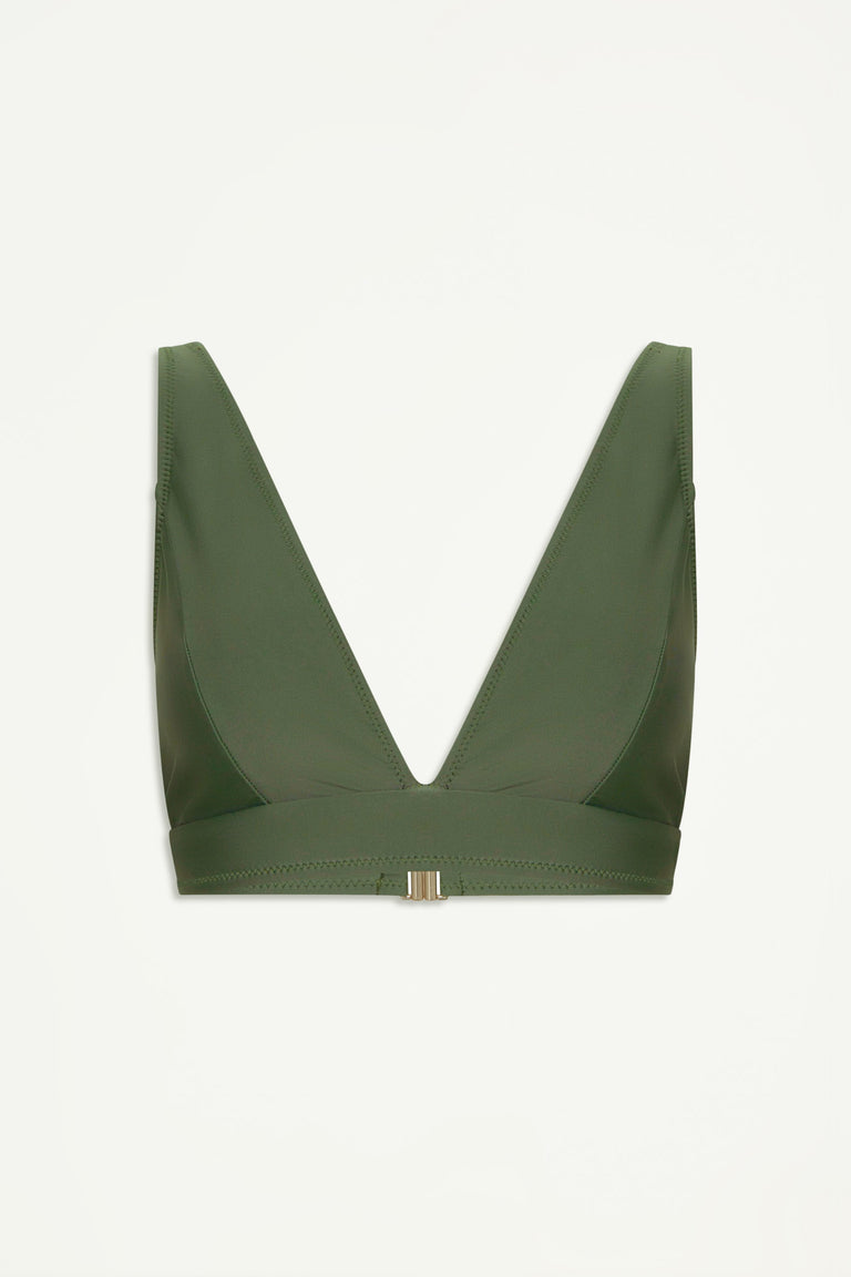 Matte forest green triangle bikini top with deep V neckline and back clasp closure, designed for effortless style.