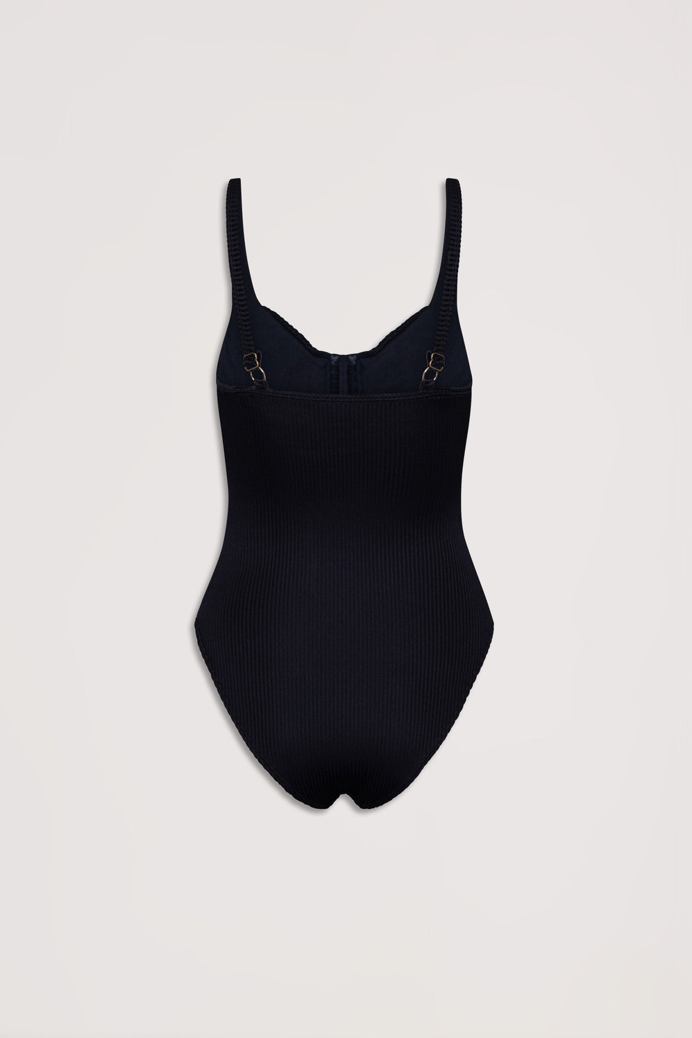 Black ribbed one-piece swimsuit with underwire cups and adjustable straps displayed on a neutral background