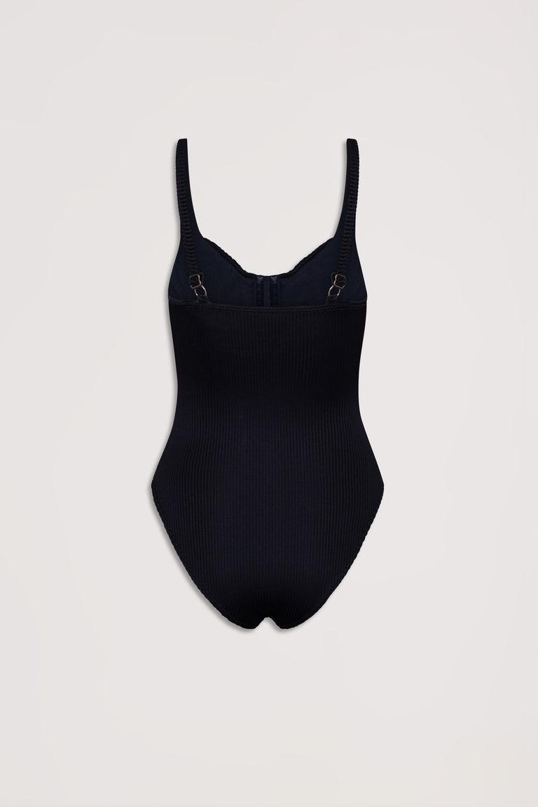 Black ribbed one-piece swimsuit with underwire cups and adjustable straps displayed on a neutral background