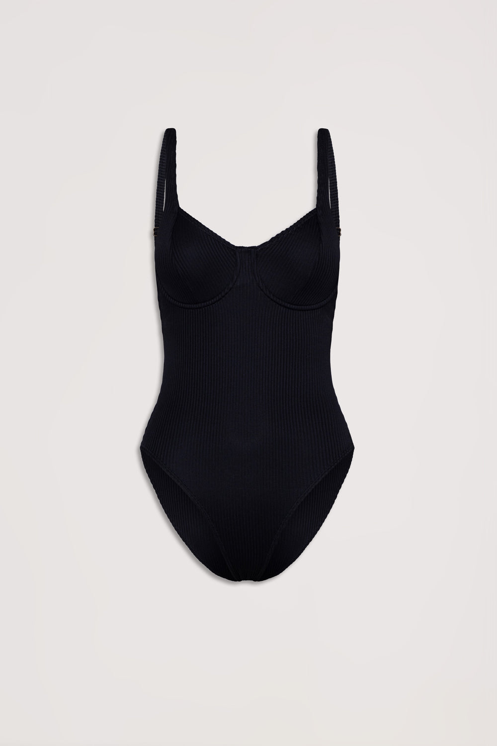 Black ribbed one-piece swimsuit with underwire cups and adjustable straps, laid flat on a neutral background