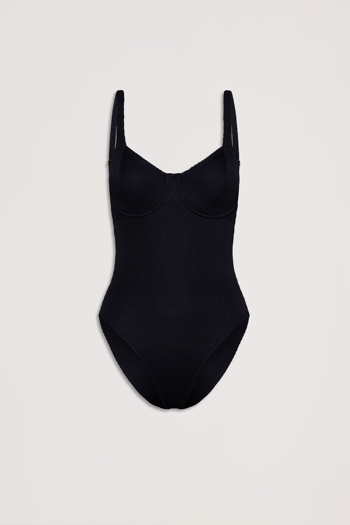 Black ribbed one-piece swimsuit with underwire cups and adjustable straps, laid flat on a neutral background