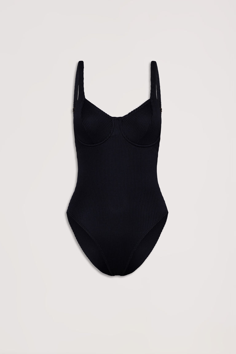 Black ribbed one-piece swimsuit with underwire cups and adjustable straps, laid flat on a neutral background