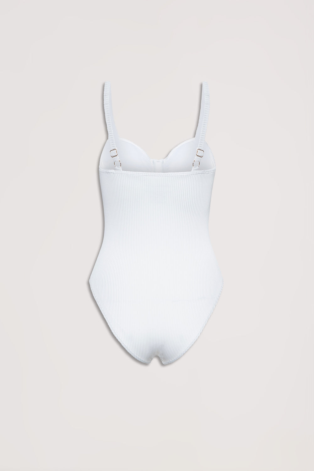 White ribbed one-piece swimsuit with underwire cups and adjustable shoulder straps, displayed flat on a neutral background