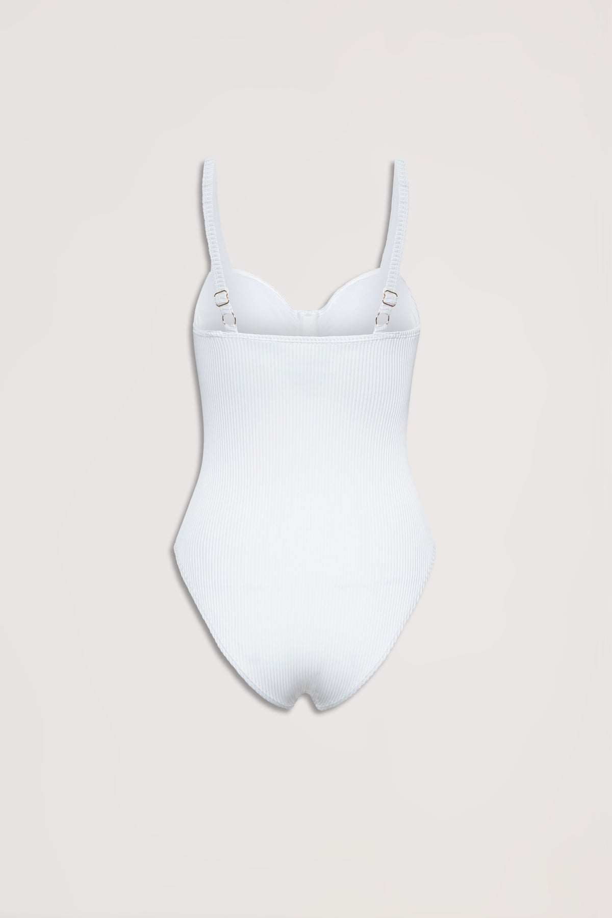 White ribbed one-piece swimsuit with underwire cups and adjustable shoulder straps, displayed flat on a neutral background