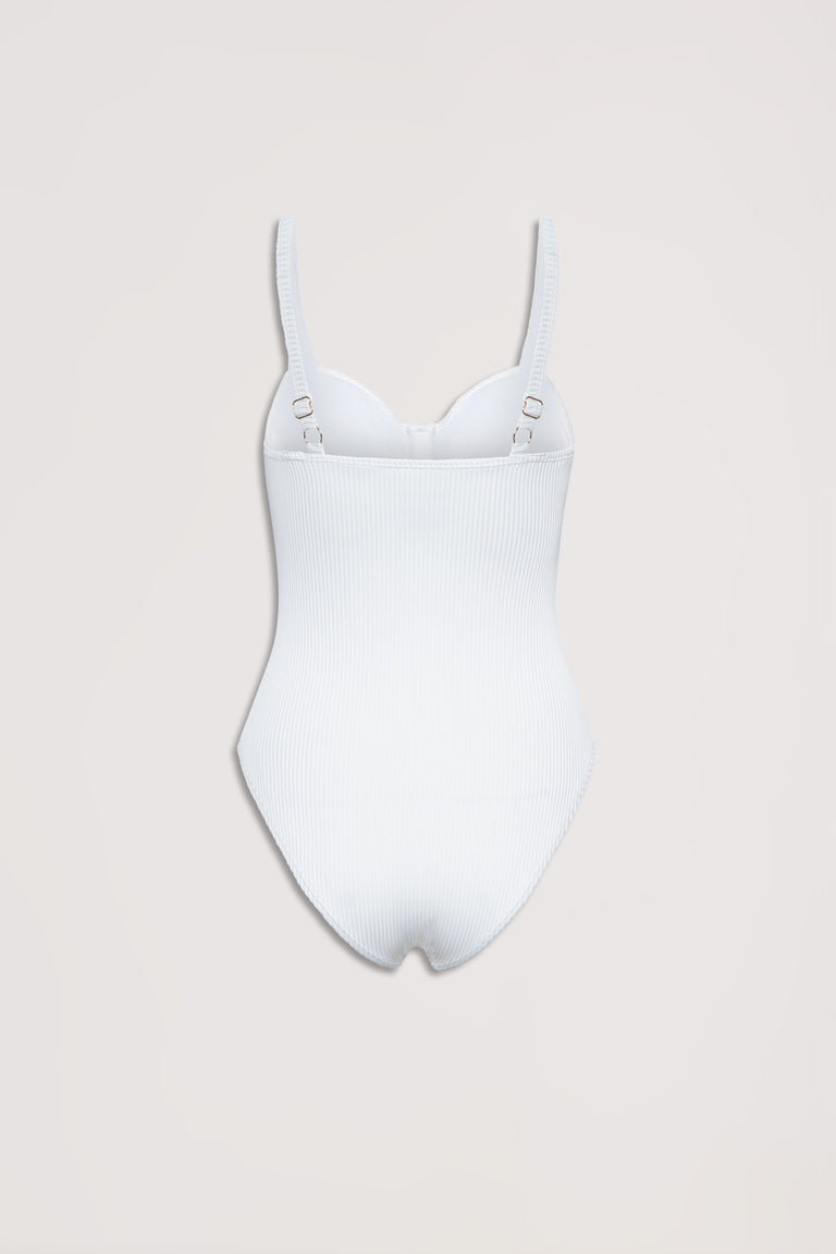 White ribbed one-piece swimsuit with underwire cups and adjustable shoulder straps, displayed flat on a neutral background