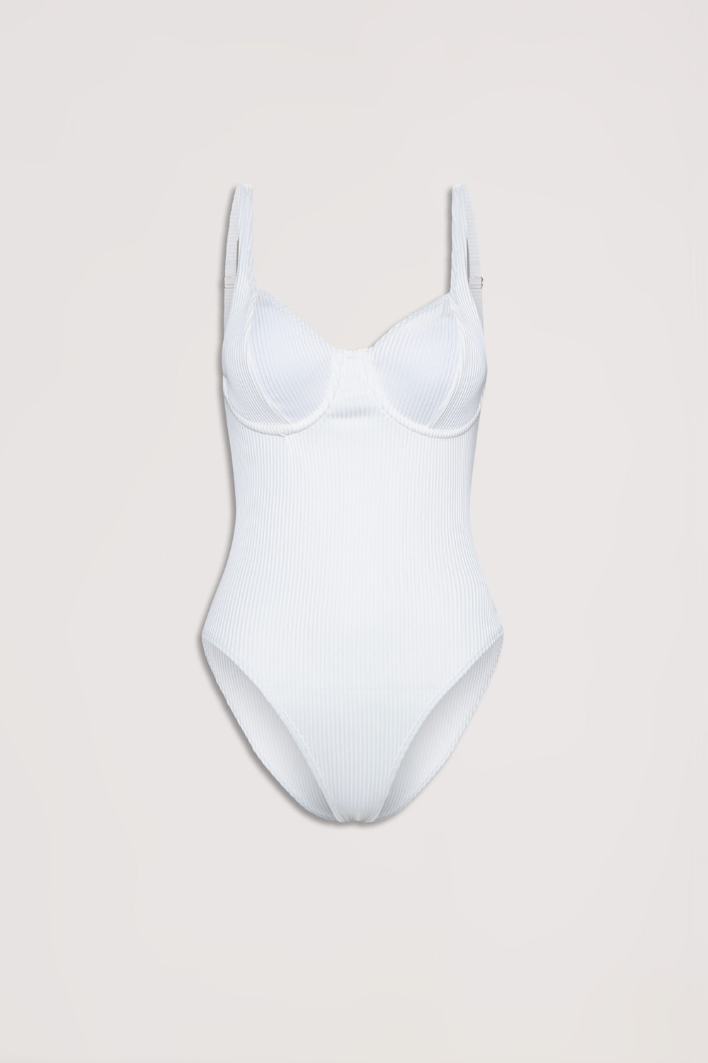 White ribbed one-piece swimsuit with underwire cups and adjustable shoulder straps on a plain background