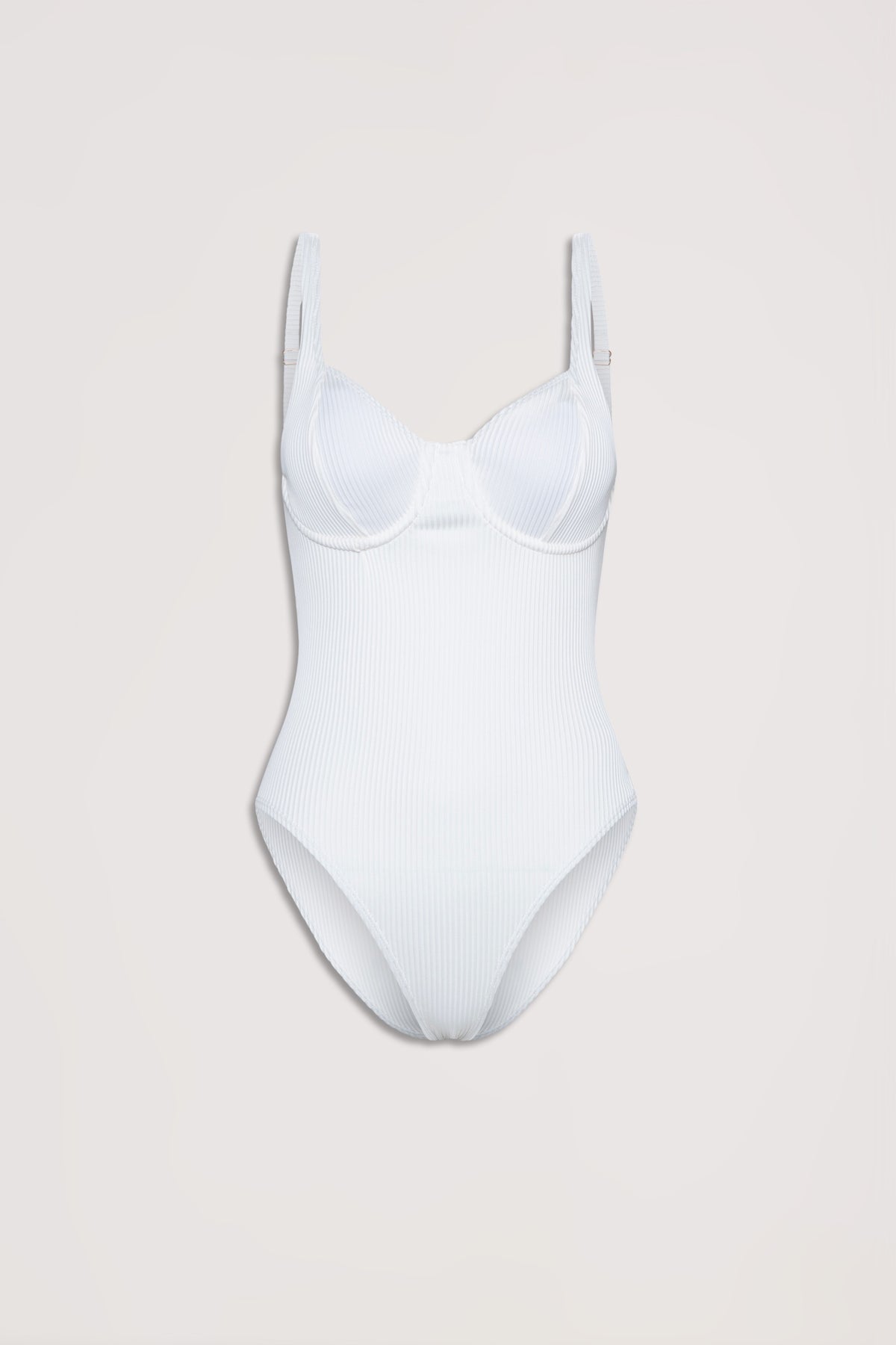White ribbed one-piece swimsuit with underwire cups and adjustable shoulder straps on a plain background
