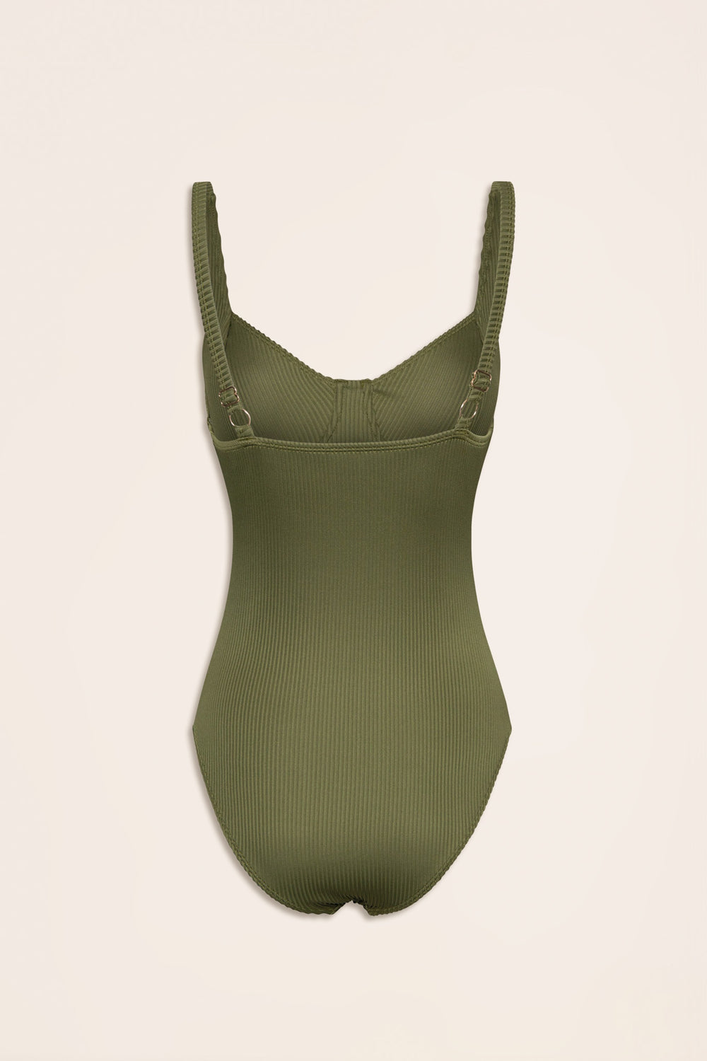 Olive ribbed one-piece swimsuit with underwire cups and adjustable shoulder straps, designed for everyday style.