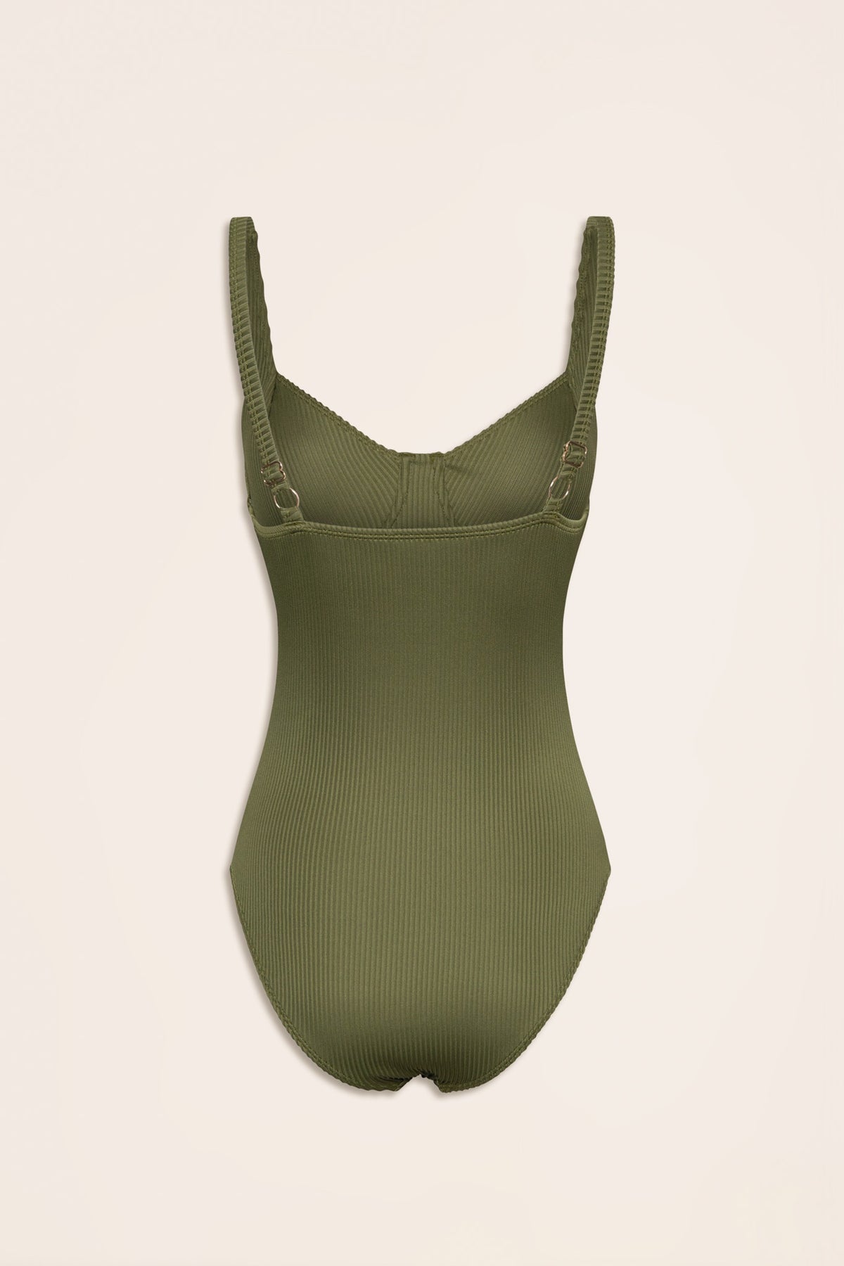 Olive ribbed one-piece swimsuit with underwire cups and adjustable shoulder straps, designed for everyday style.