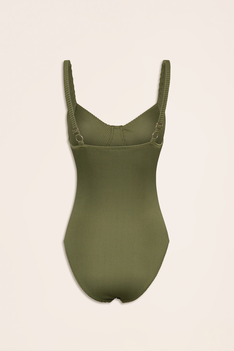 Olive ribbed one-piece swimsuit with underwire cups and adjustable shoulder straps, designed for everyday style.