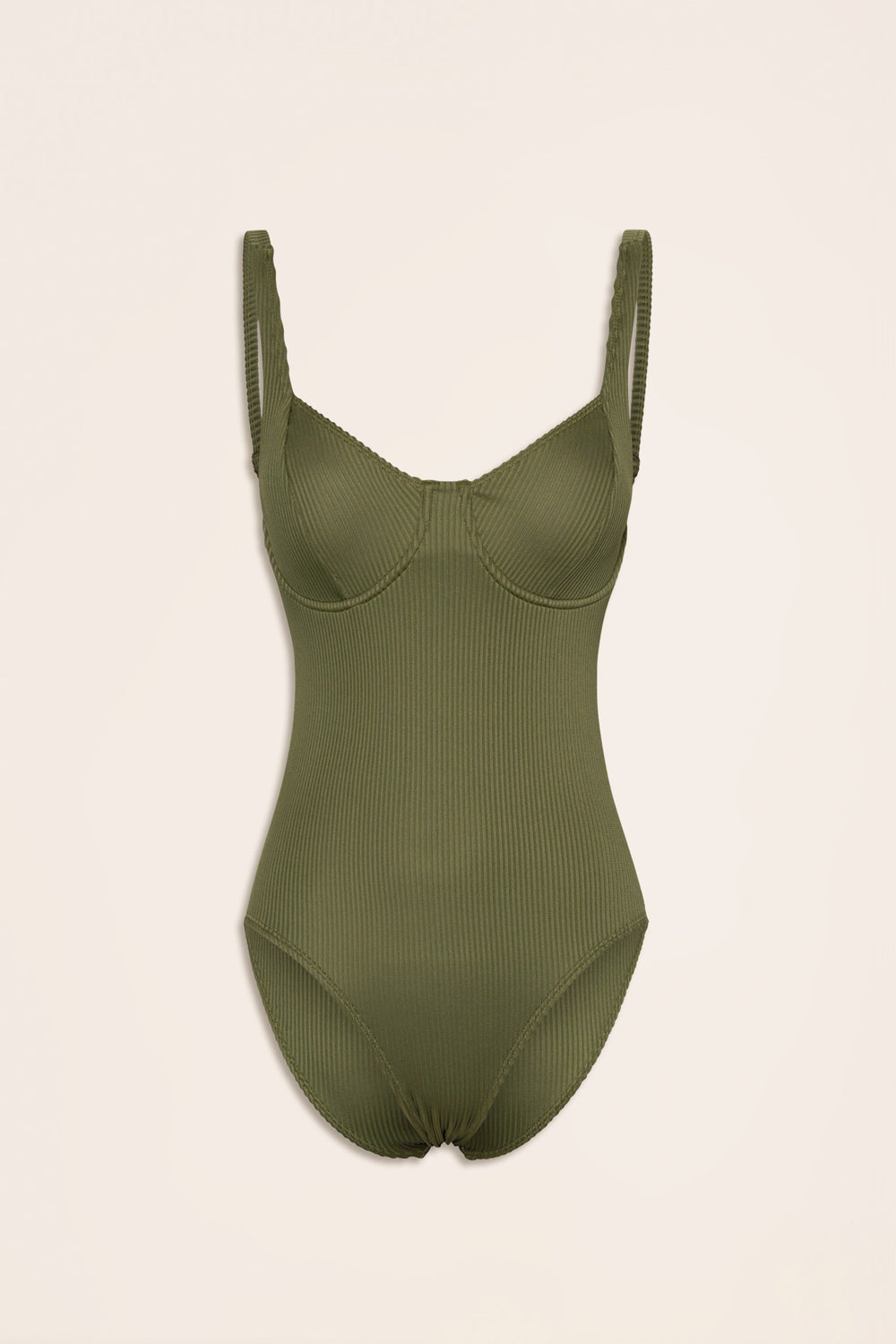 Olive green ribbed one-piece swimsuit with underwire cups and adjustable straps on a neutral background
