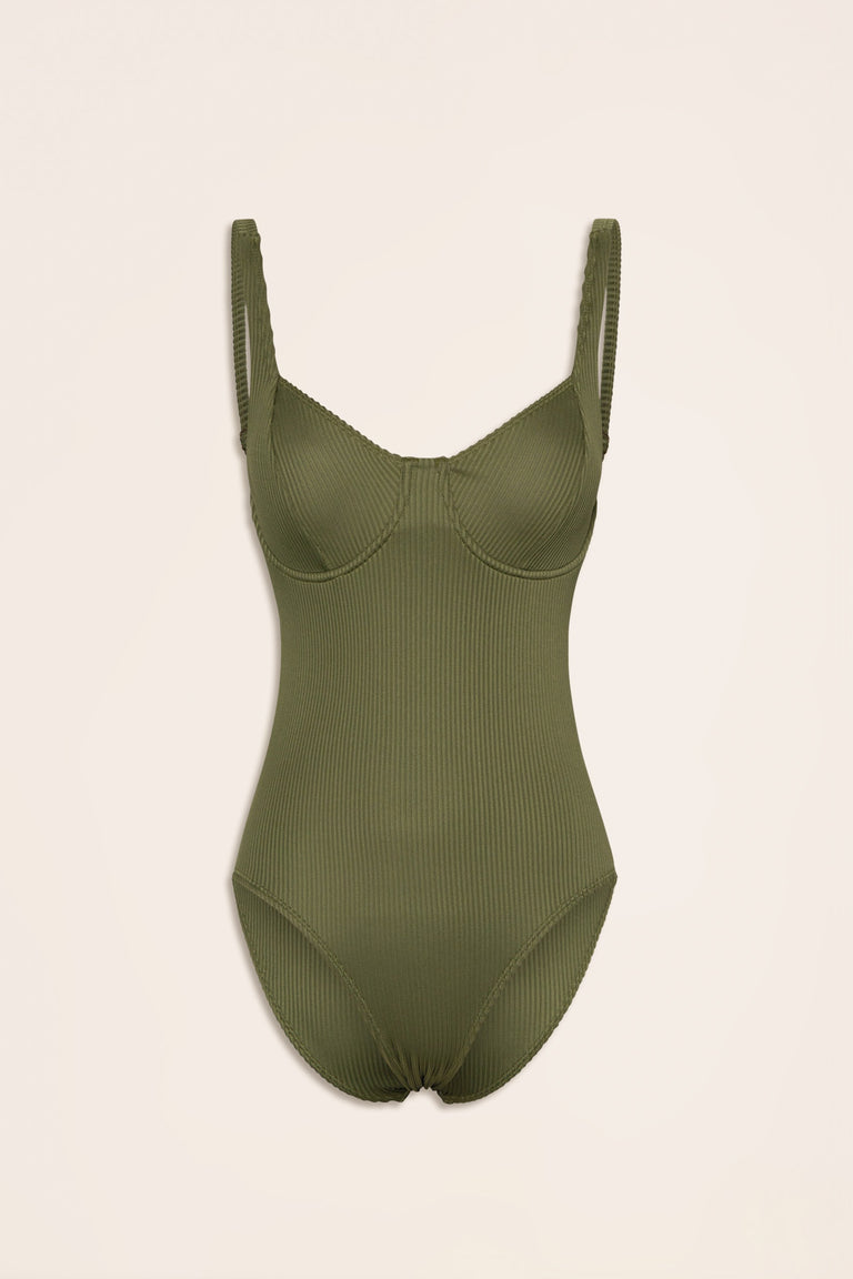 Olive green ribbed one-piece swimsuit with underwire cups and adjustable straps on a neutral background