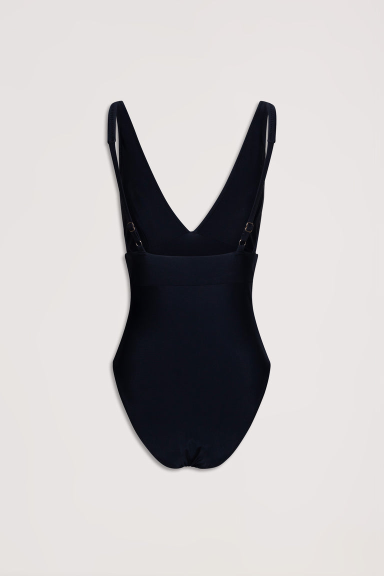 Black matte one-piece swimsuit with deep V back and adjustable shoulder straps displayed against a plain background