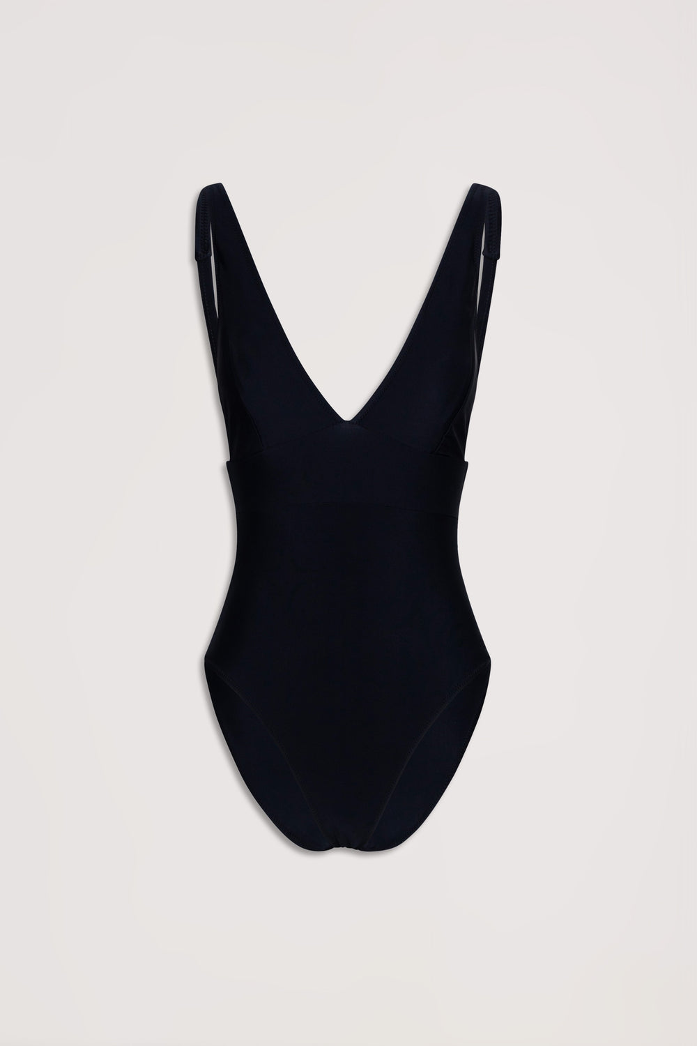Black matte one-piece swimsuit with a deep V neckline and adjustable shoulder straps displayed on a neutral background