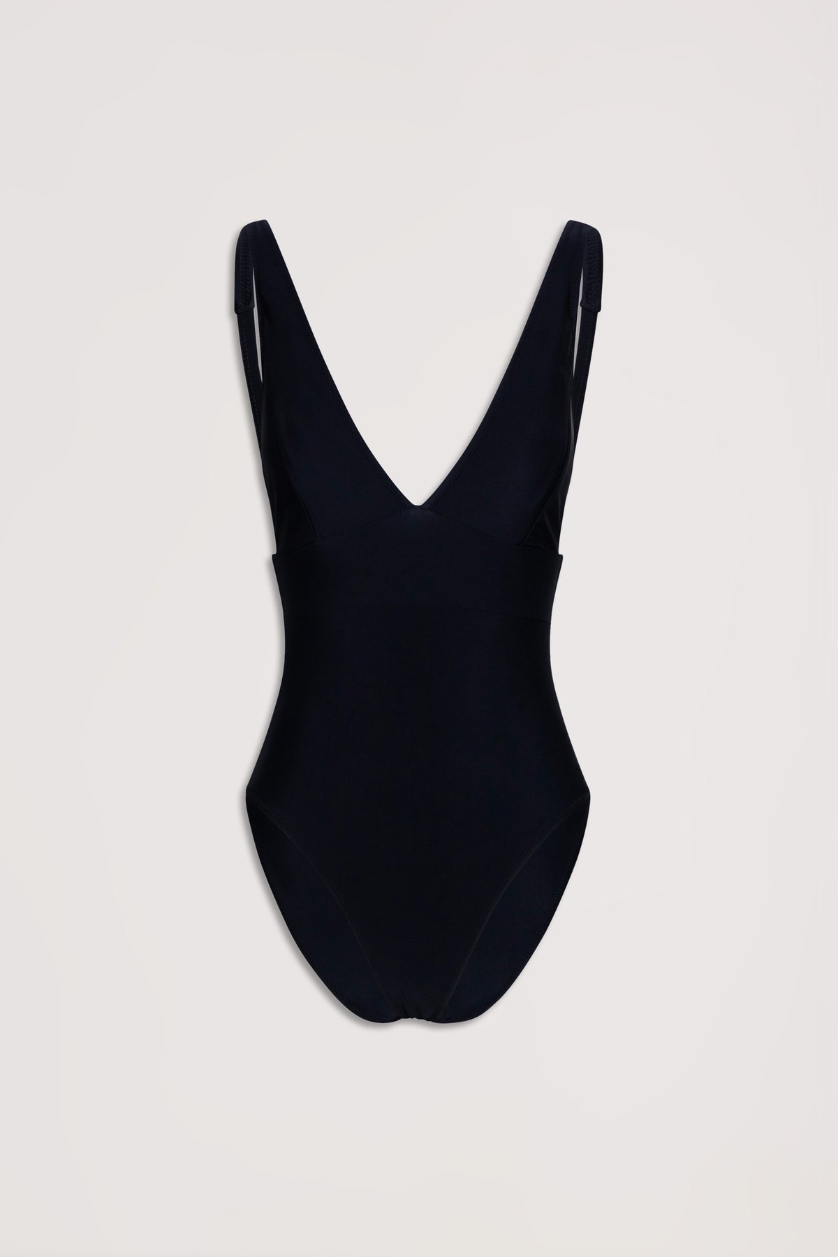 Black matte one-piece swimsuit with a deep V neckline and adjustable shoulder straps displayed on a neutral background