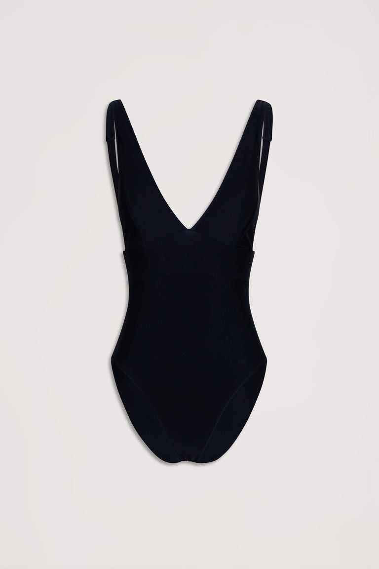 Black matte one-piece swimsuit with a deep V neckline and adjustable shoulder straps displayed on a neutral background