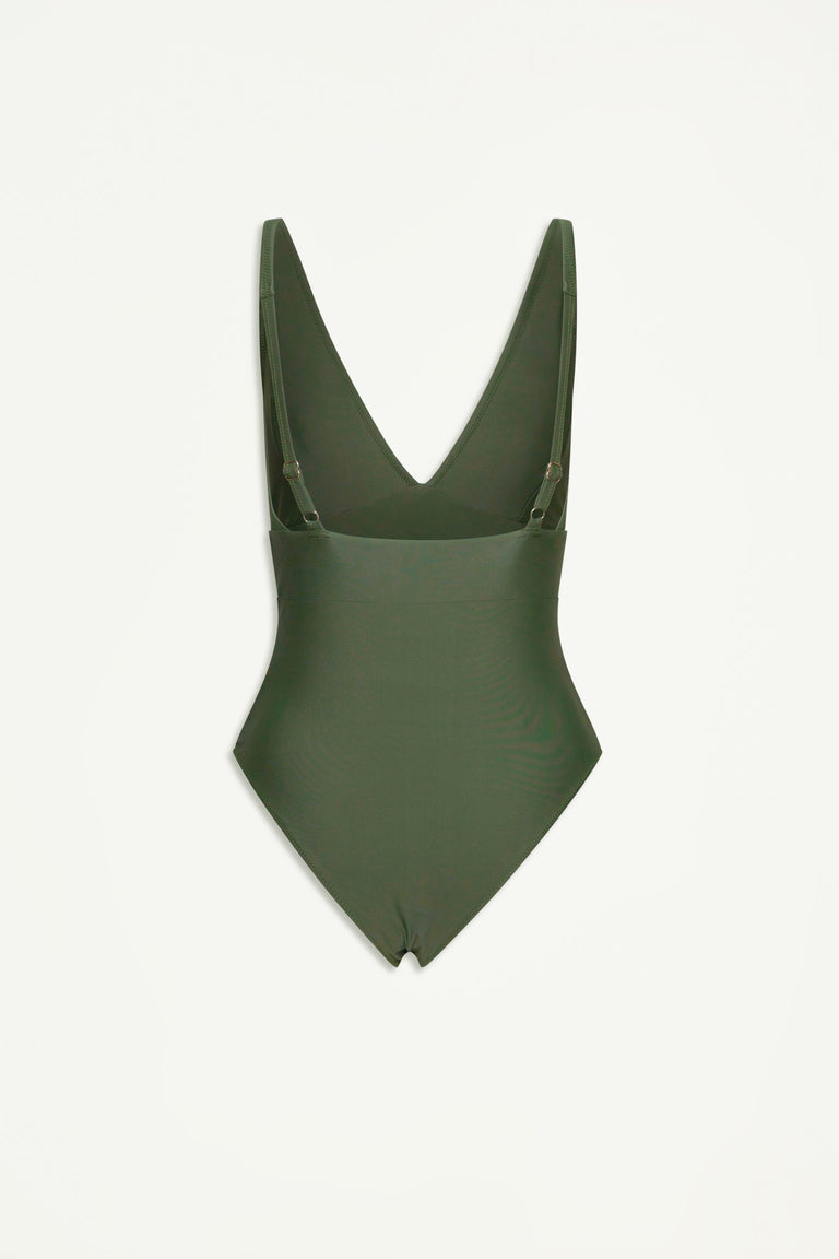 Dark green matte one-piece swimsuit with deep V-neck and adjustable straps on a plain background