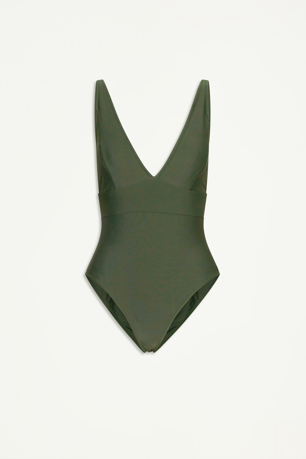 Deep forest green one-piece swimsuit with a matte finish and a plunging V-neckline, minimal and sleek design.
