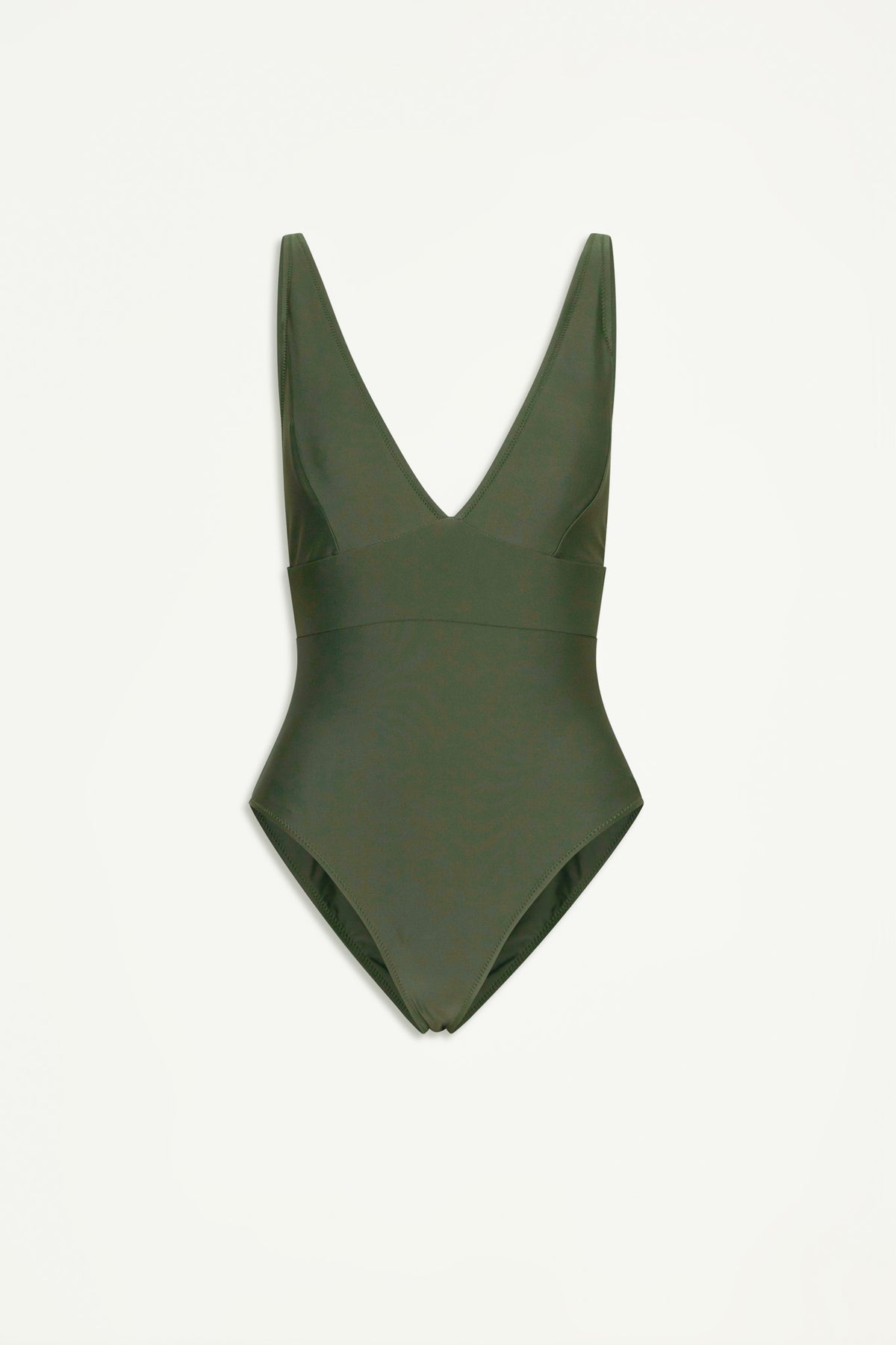 Deep forest green one-piece swimsuit with a matte finish and a plunging V-neckline, minimal and sleek design.