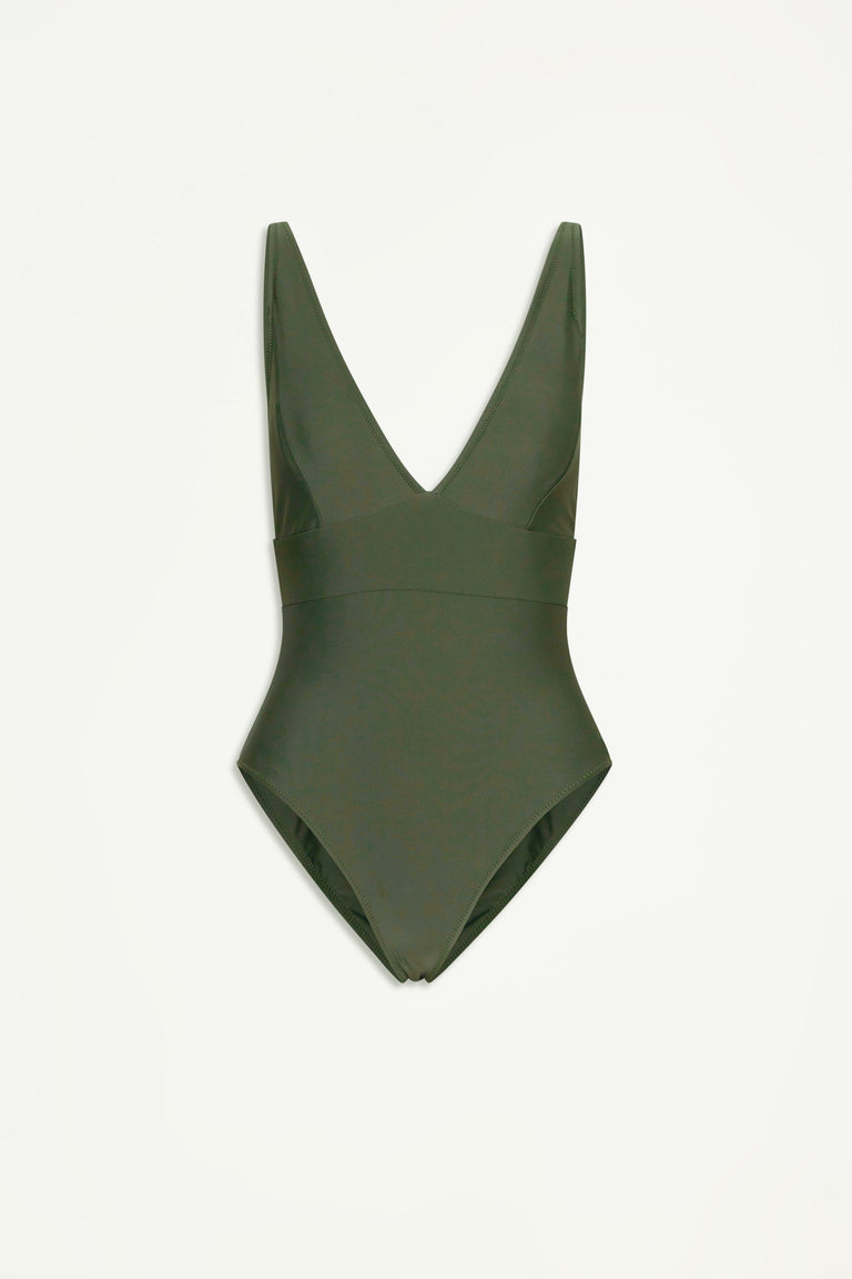 Deep forest green one-piece swimsuit with a matte finish and a plunging V-neckline, minimal and sleek design.