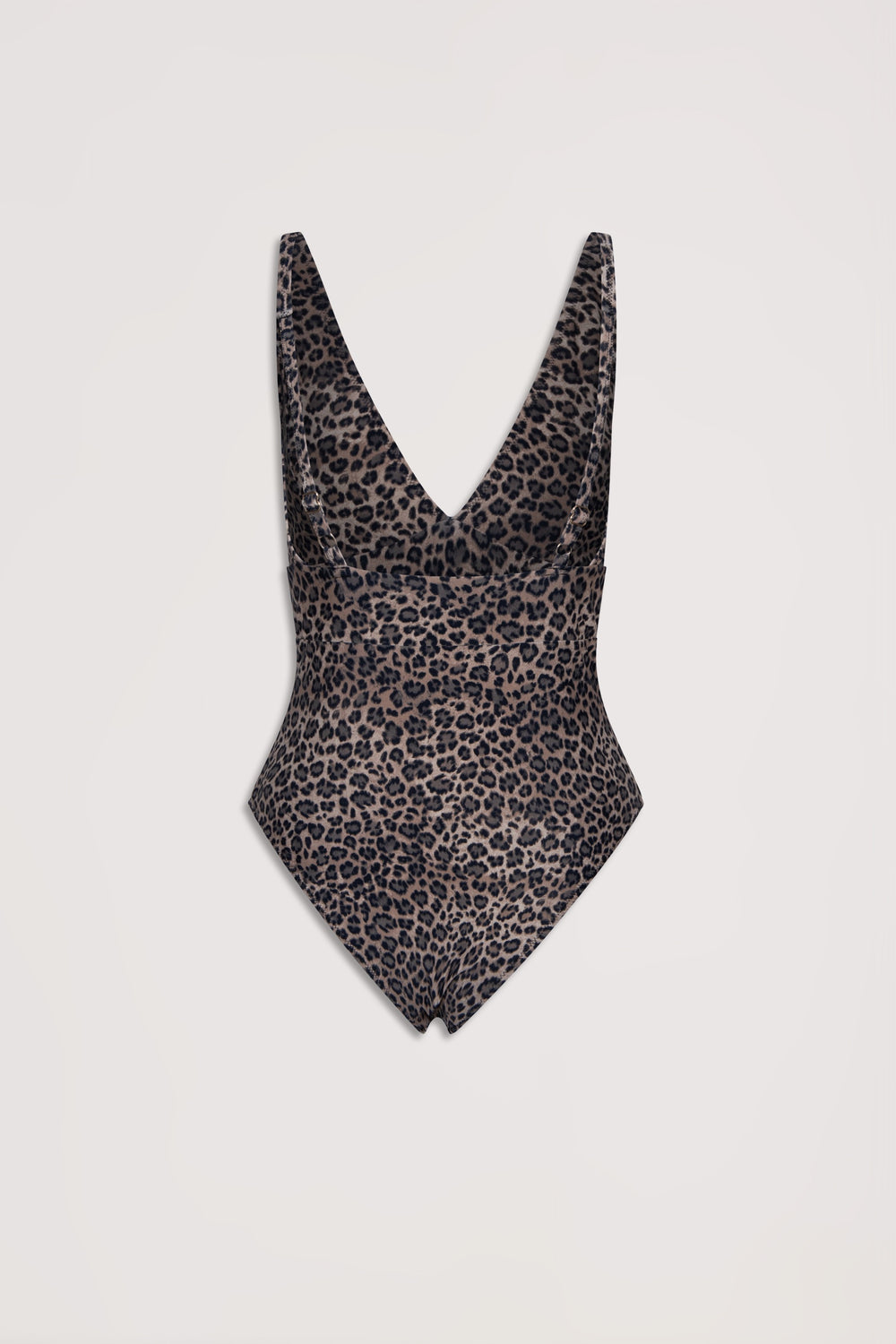 Leopard print matte one-piece swimsuit with a deep V neckline, designed for a sleek and stylish fit.