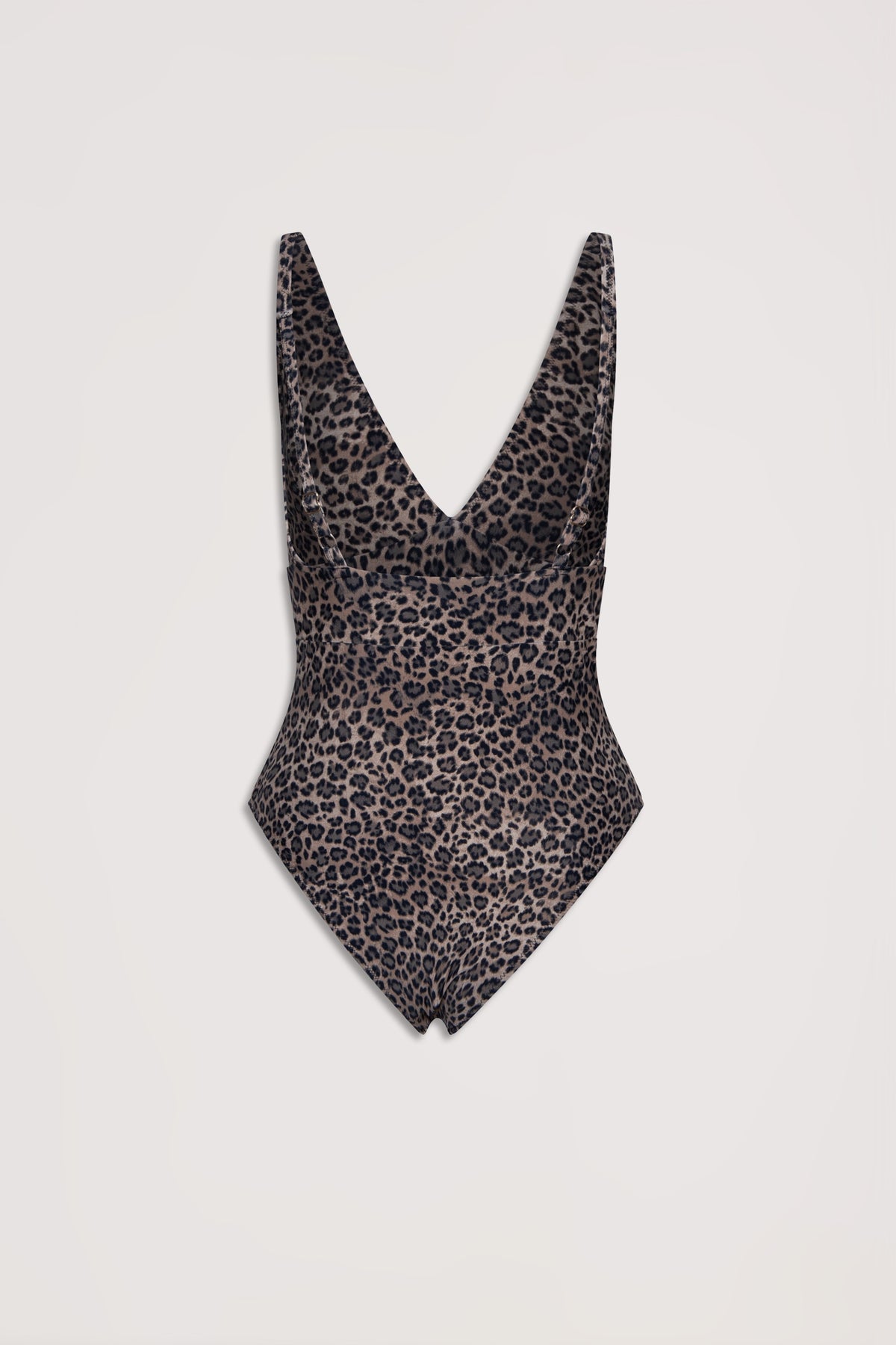 Leopard print matte one-piece swimsuit with a deep V neckline, designed for a sleek and stylish fit.