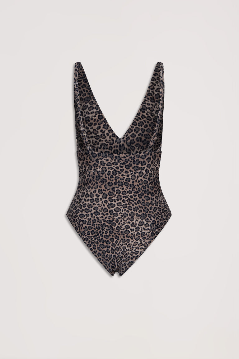 Leopard print matte one-piece swimsuit with a deep V neckline, designed for a sleek and stylish fit.