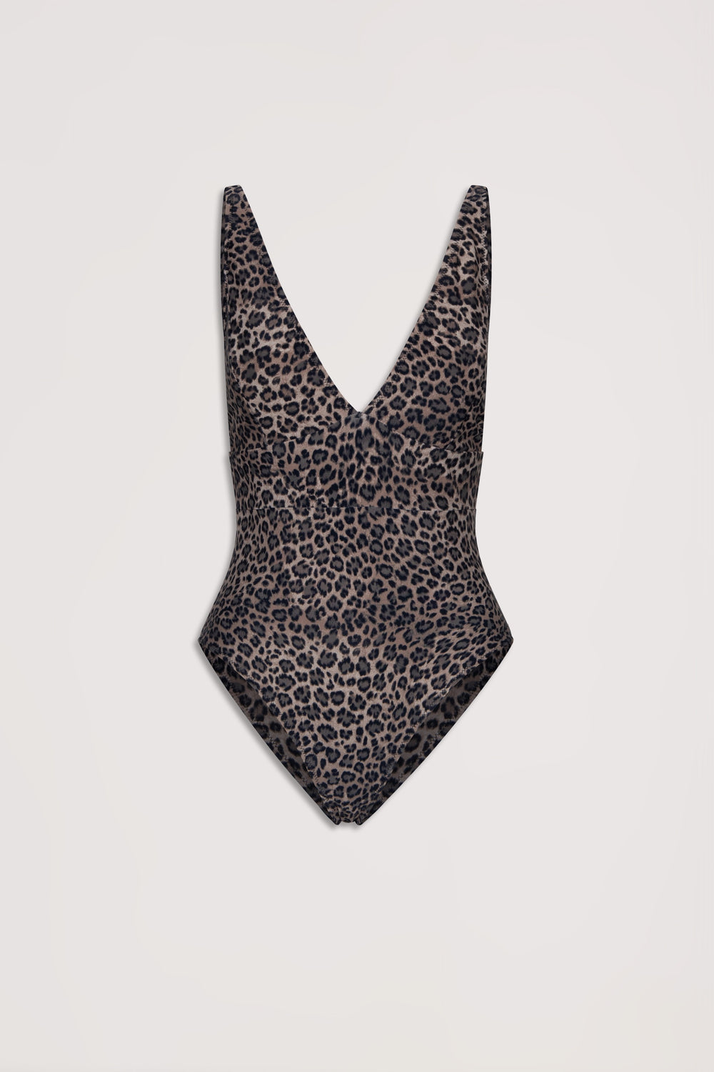 Leopard print matte one-piece swimsuit with a deep V neckline, designed for a stylish and confident look.