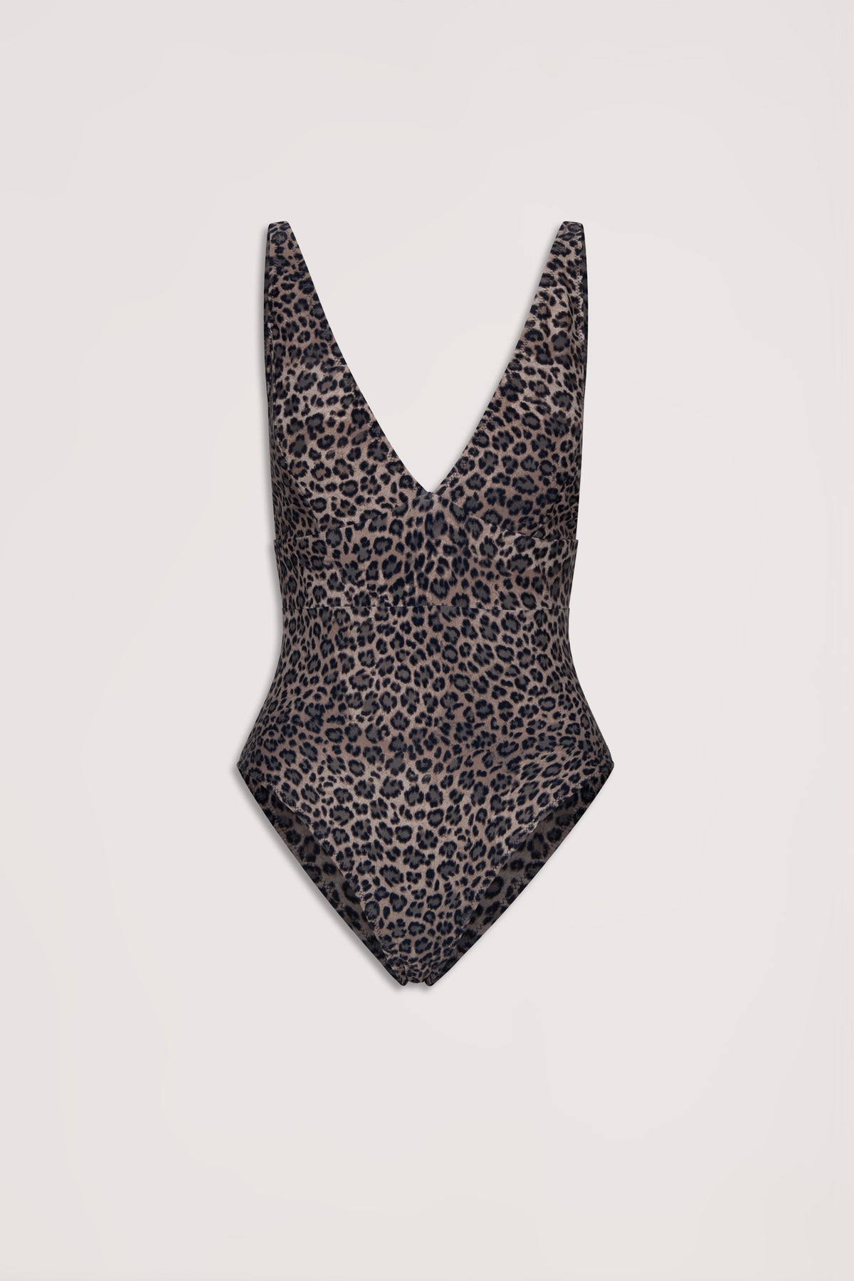 Leopard print matte one-piece swimsuit with a deep V neckline, designed for a stylish and confident look.