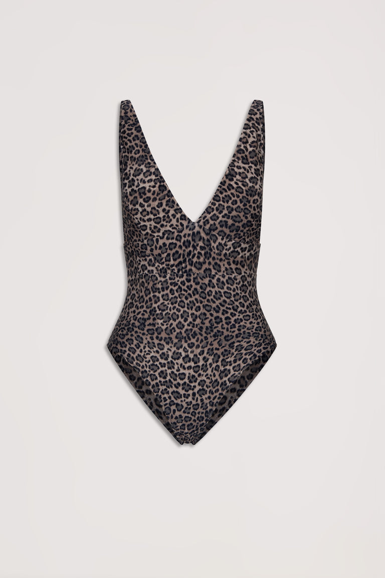 Leopard print matte one-piece swimsuit with a deep V neckline, designed for a stylish and confident look.