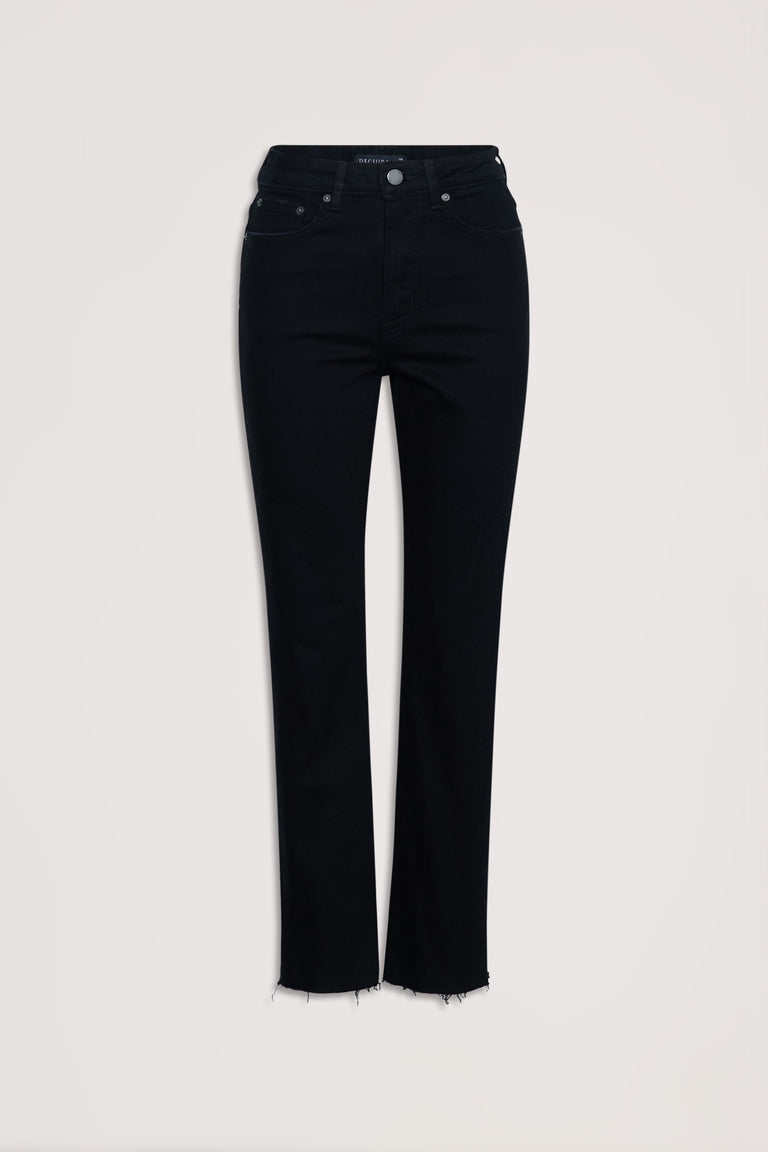 Becky Straight Leg Jean in black denim with high rise, raw hem, and ankle length, gallery position 4 portrait view.