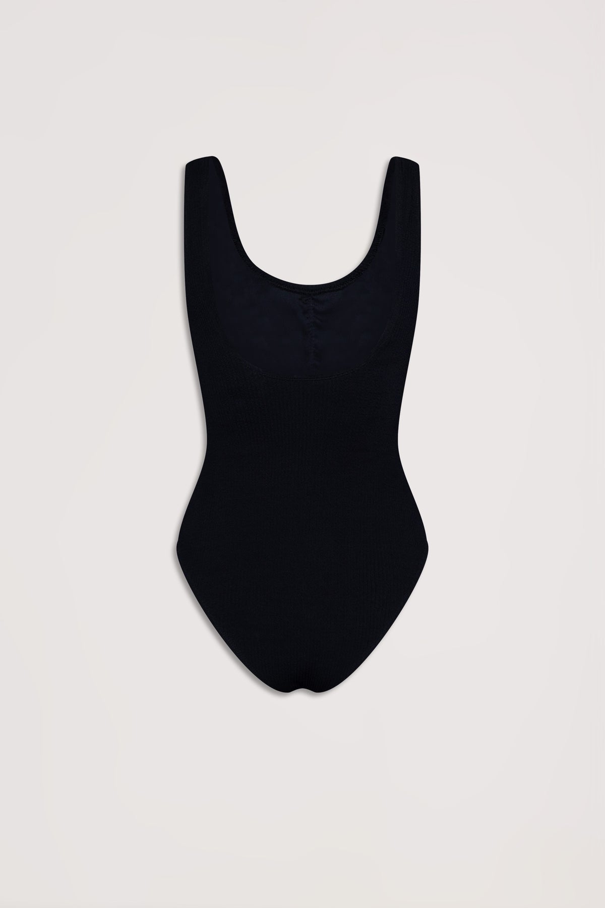 Black crinkle textured one-piece swimsuit with a scoop neckline, styled for a sleek, timeless silhouette.