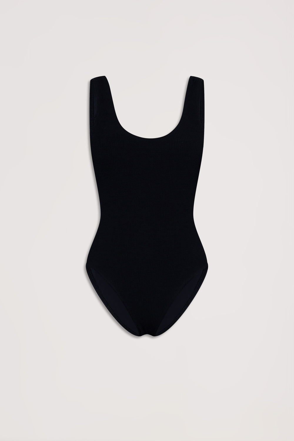 Black textured one-piece swimsuit with a scoop neckline and wide shoulder straps displayed on a neutral background