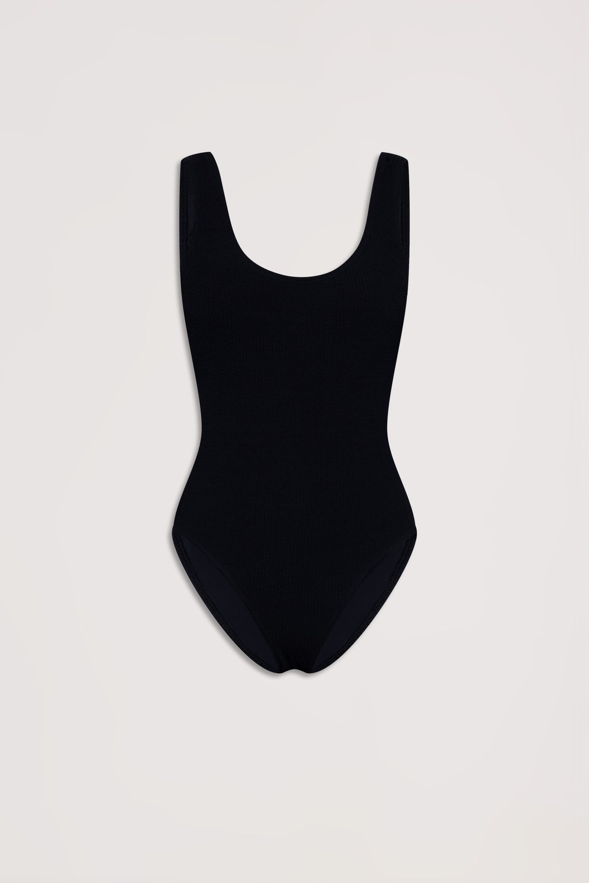 Black textured one-piece swimsuit with a scoop neckline and wide shoulder straps displayed on a neutral background